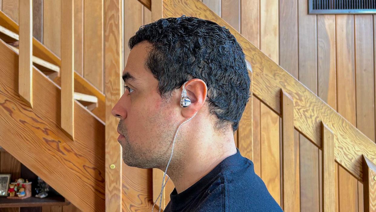  EarFun EH100 wired in-ears being worn by reviewer. 