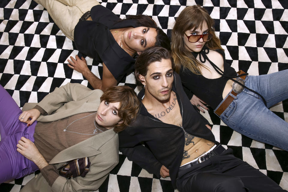 Thomas Raggi, from left, Ethan Torchio, Damiano David and Victoria De Angelis of Maneskin pose for portrait photographs at the 75th international film festival, Cannes, southern France, Tuesday, May 24, 2022. (Photo by Joel C Ryan/Invision/AP)