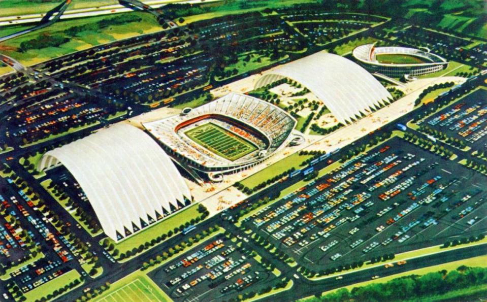 One plan for the Truman Sports Complex called for a rolling roof. This rendering is circa 1967.