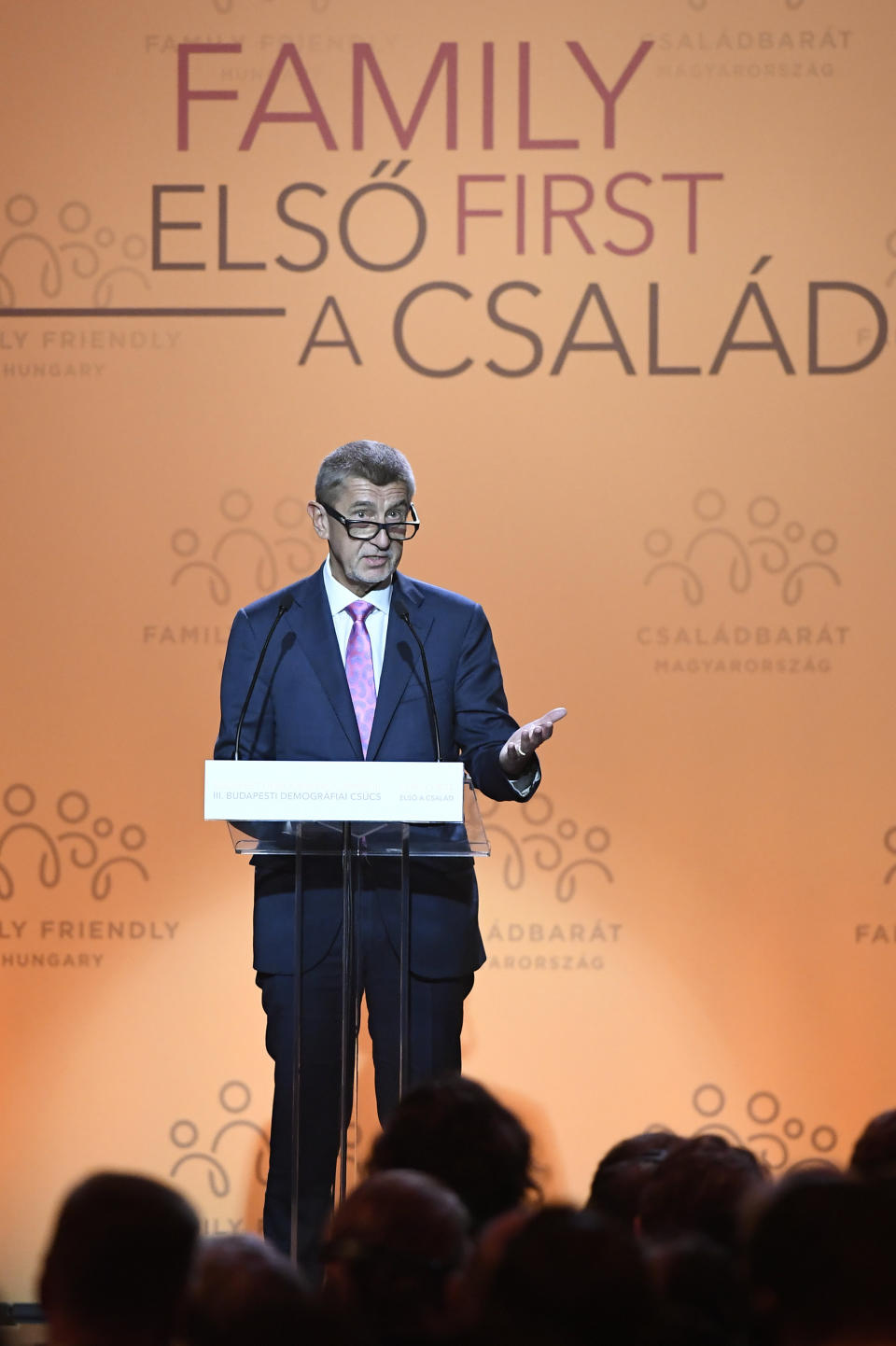 CORRECTS SLOVAKIAN TO CZECH PRIME MINISTER -- Czech Prime Minister Andrej Babis delivers a speech during the 3rd Budapest Demographic Summit in Varkert Bazar conference center in Budapest, Hungary, Thursday, Sept. 5, 2019. The Hungarian capital city, which hosts the international summit for the third time after 2015 and 2017, welcomes politicians, scientists, church dignitaries and public personalities to give presentations and exchange their experiences on current population trends. (Szilard Koszticsak/MTI via AP)