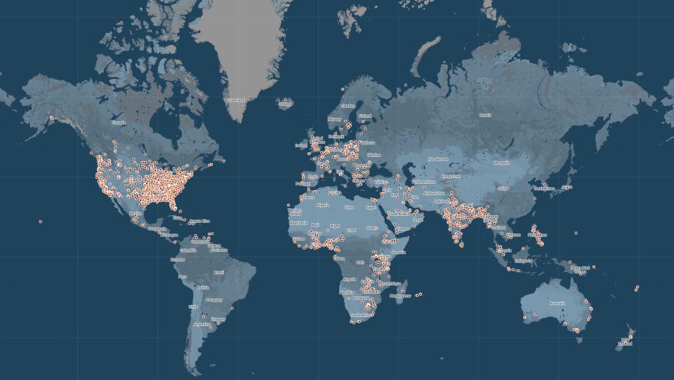 a screenshot of a world map showing the victims' location data points in clusters around the U.S., India and parts of Africa.