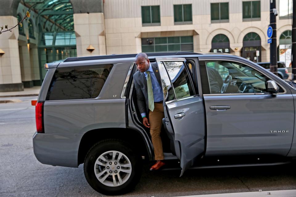 Johnson starts his day early May 23 as he arrives at Milwaukee City Hall. He is usually the second person to arrive at the mayor’s office daily. His chief of staff, Jim Bohl arrives a head of him to brief him of the day’s events.