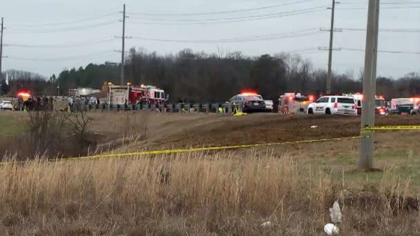 PHOTO: First responders on the scene of a UH-60 Black Hawk helicopter crash on Alabama 53 near the intersection of Burwell Road in Madison County, Ala., Feb. 15, 2023. (WAAY)