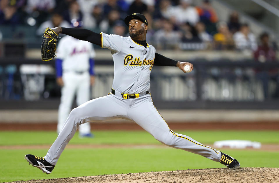 Pittsburgh Pirates pitcher Aroldis Chapman throws against the New York Mets during the eighth inning of a baseball game, Monday, April 15, 2024, in New York. (AP Photo/Noah K. Murray)