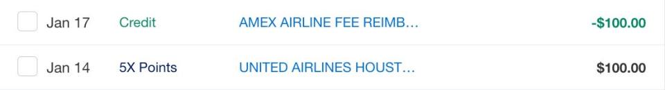 Screenshot of Amex account showing $100 United Airlines fee purchase and reimbursement from airline fee credit.