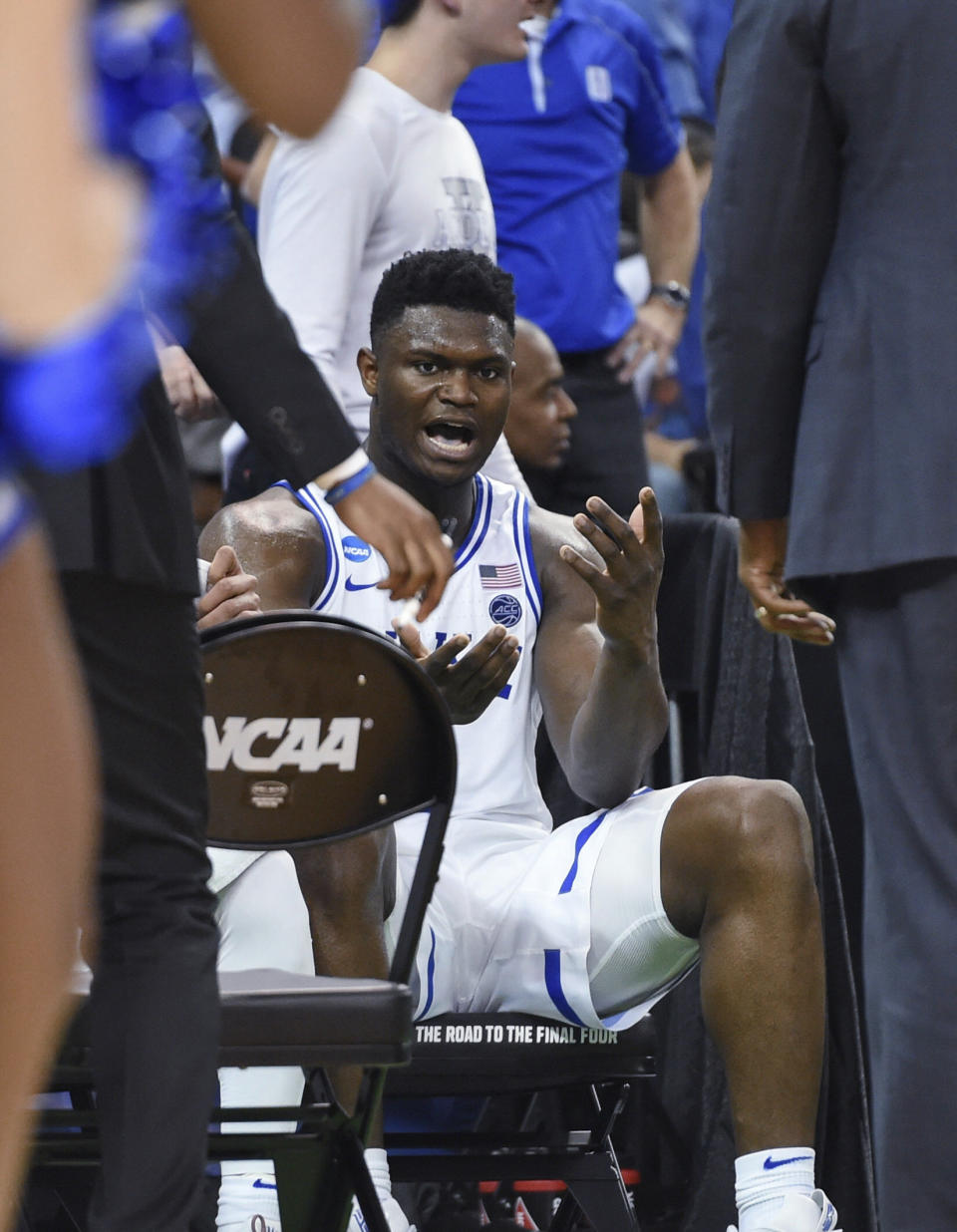 Duke's Zion Williamson sits on the bench during a timeout in the second half of the team's second-round men's college basketball game against Central Florida in the NCAA Tournament in Columbia, S.C. Sunday, March 24, 2019. (AP Photo/Richard Shiro)