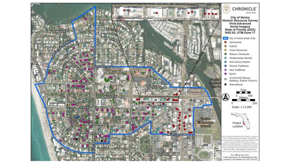 Consultant Chronicle Heritage LLC completed a survey of the Gulf Veiw Section of the city of Venice, which is outlinedin blue on this aerial map.