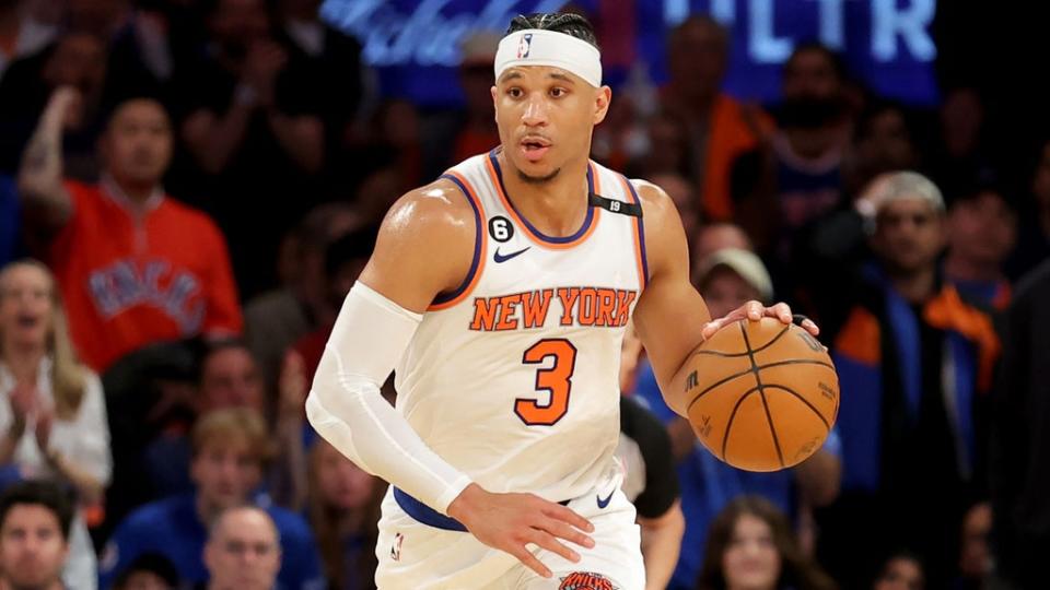 Apr 30, 2023; New York, New York, USA; New York Knicks guard Josh Hart (3) brings the ball up court against the Miami Heat during the fourth quarter of game one of the 2023 NBA Eastern Conference semifinal playoffs at Madison Square Garden.