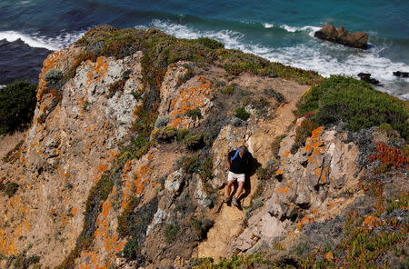 Miguel Lacerda, 62, goes down a cliff to collect trash at a beach at the coast near Sintra, Portugal May 22, 2019. REUTERS/Rafael Marchante