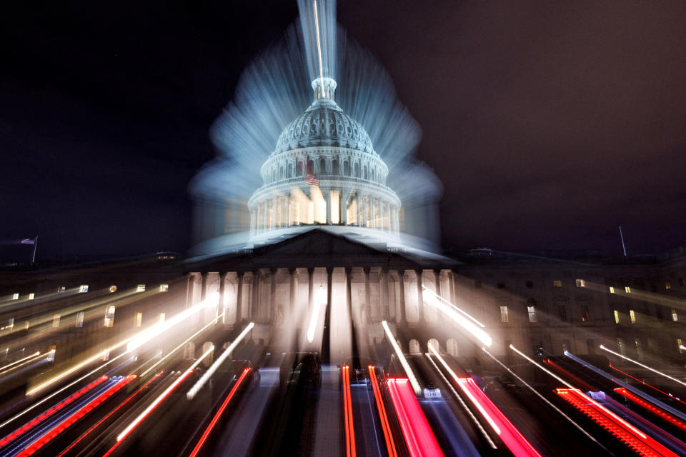 The U.S. Capitol building is seen at night before U.S. President Joe Biden addresses a joint session of Congress during the State of the Union address, in Washington, U.S., February 6, 2023. REUTERS/Evelyn Hockstein     TPX IMAGES OF THE DAY