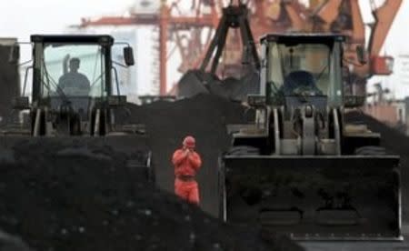 An employee walks between front-end loaders, which are used to move coal imported from North Korea, at Dandong port in the Chinese border city of Dandong, Liaoning province, in this December 7, 2010 file picture. REUTERS/Stringer/Files