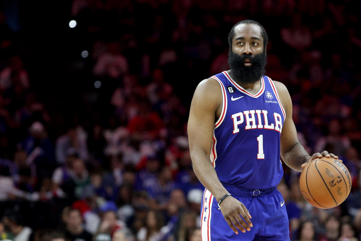 PHILADELPHIA, PENNSYLVANIA - MAY 11: James Harden #1 of the Philadelphia 76ers dribbles against the Boston Celtics during the third quarter in game six of the Eastern Conference Semifinals in the 2023 NBA Playoffs at Wells Fargo Center on May 11, 2023 in Philadelphia, Pennsylvania. NOTE TO USER: User expressly acknowledges and agrees that, by downloading and or using this photograph, User is consenting to the terms and conditions of the Getty Images License Agreement. (Photo by Tim Nwachukwu/Getty Images)