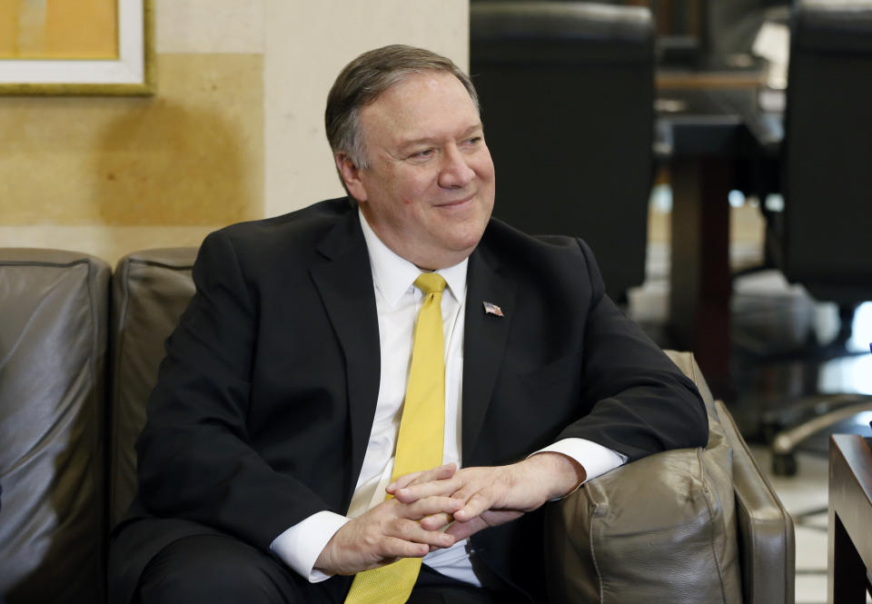 U.S. Secretary of State Mike Pompeo, meets with Lebanese Prime Minister Saad Hariri, in Beirut, Lebanon, Friday, March. 22, 2019. Mike Pompeo arrived in Lebanon on Friday amid strong regional condemnation of President Donald Trump's declaration that it's time the U.S. recognized Israel's sovereignty over the Israeli-occupied Golan Heights. (AP Photo/Bilal Hussein)