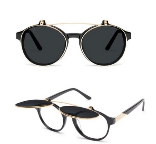 9Five lane black acetate and 24k gold-plated flip-up sunglasses