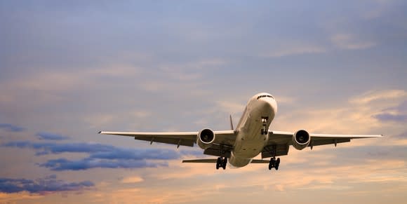 A Boeing 777 in flight.