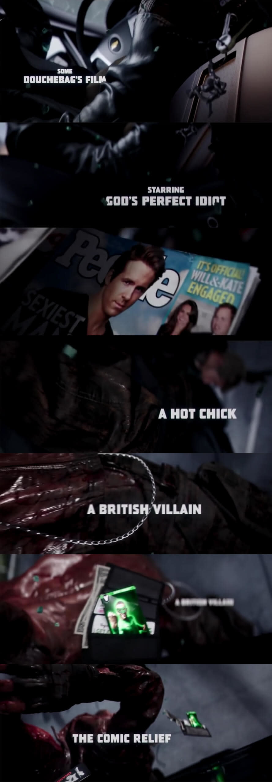 credits naming characters like the comic relief and a british villain and god's perfect idiot (with a people magazine cover of ryan reynolds) as we go through an action scene in slo-mo and see someone's purse with a Green Lantern card in it