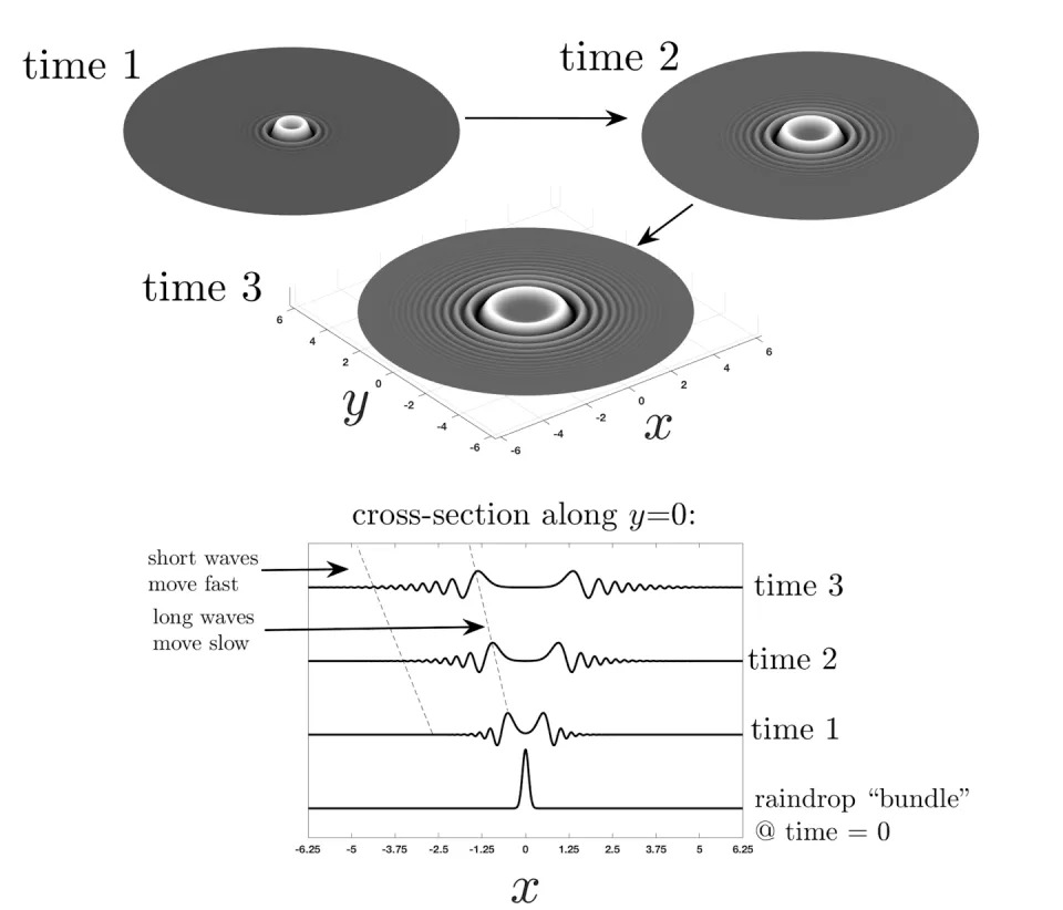 A model of waves in a dispersive puddle, after a raindrop hits. The top three figures show what happens after a drop hits the puddle, with arrows indicating the passage of time. The bottom figure shows the cross-sectional view through the puddle, highlighting that the initial wave bundle caused by the raindrop splits into waves of different sizes. Large waves in the center move more slowly than small waves at the perimeter. Nate Barlow