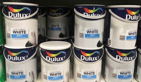 FILE PHOTO: Cans of Dulux paint, an Akzo Nobel brand, are seen on the shelves of a hardware store near Manchester, Britain, April 24, 2017. REUTERS/Phil Noble/File Photo