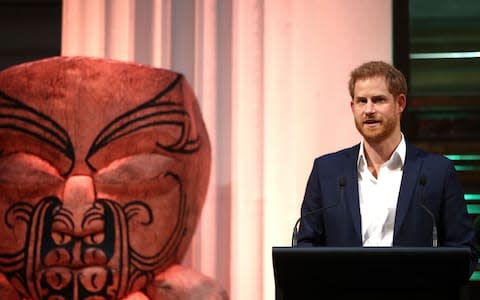 Britain's Prince Harry speaks at a reception hosted by New Zealand's Prime Minister Jacinda Ardern - Credit: Phil Walter/AFP