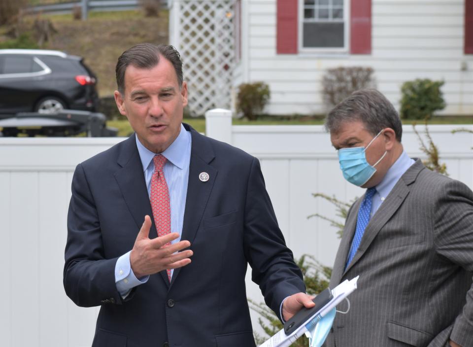 U.S. Rep. Tom Suozzi, D-Nassau, left, and Westchester County Executive George Latimer, spoke out against the cap on state and local tax deductions on March 25, 2021 in Greenburgh.