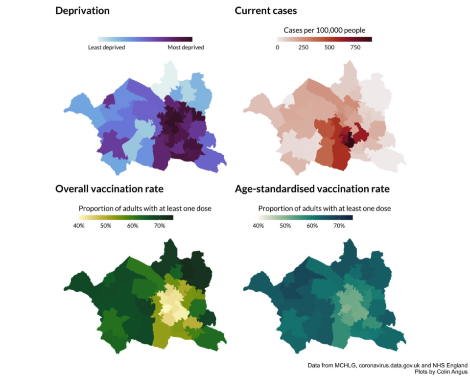 Maps showing deprivation, case numbers, and vaccination rates in BoltonColin Angus