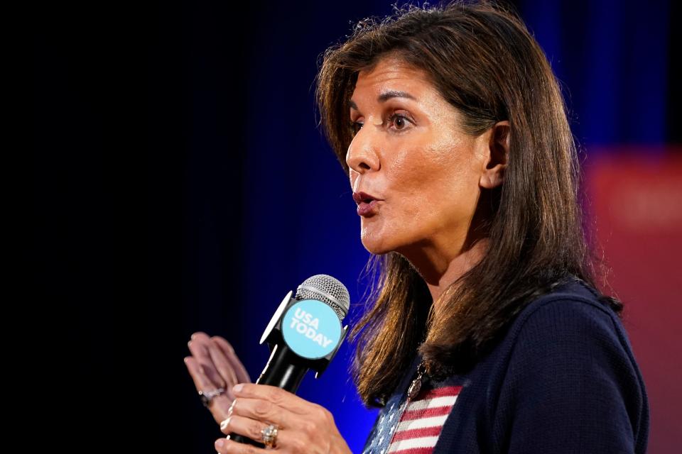 Oct 12, 2023; Exeter, NH, USA; Republican presidential candidate Nikki Haley speaks during the Seacoast Media Group and USA TODAY Network 2024 Republican Presidential Candidate Town Hall Forum held in the historic Exeter Town Hall in Exeter, New Hampshire.