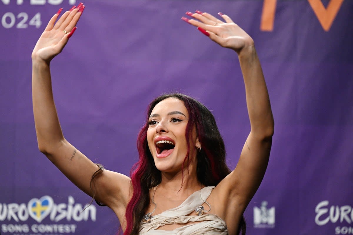 Israel’s Eden Golan reacts after qualifying for the final of the 2024 Eurovision Song Contest (TT NEWS AGENCY/AFP via Getty Ima)