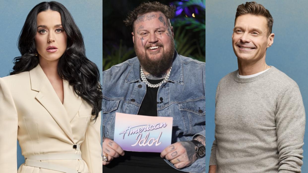  Side-by-side photos show press images of Katy Perry, Jelly Roll and Ryan Seacrest from American Idol. 