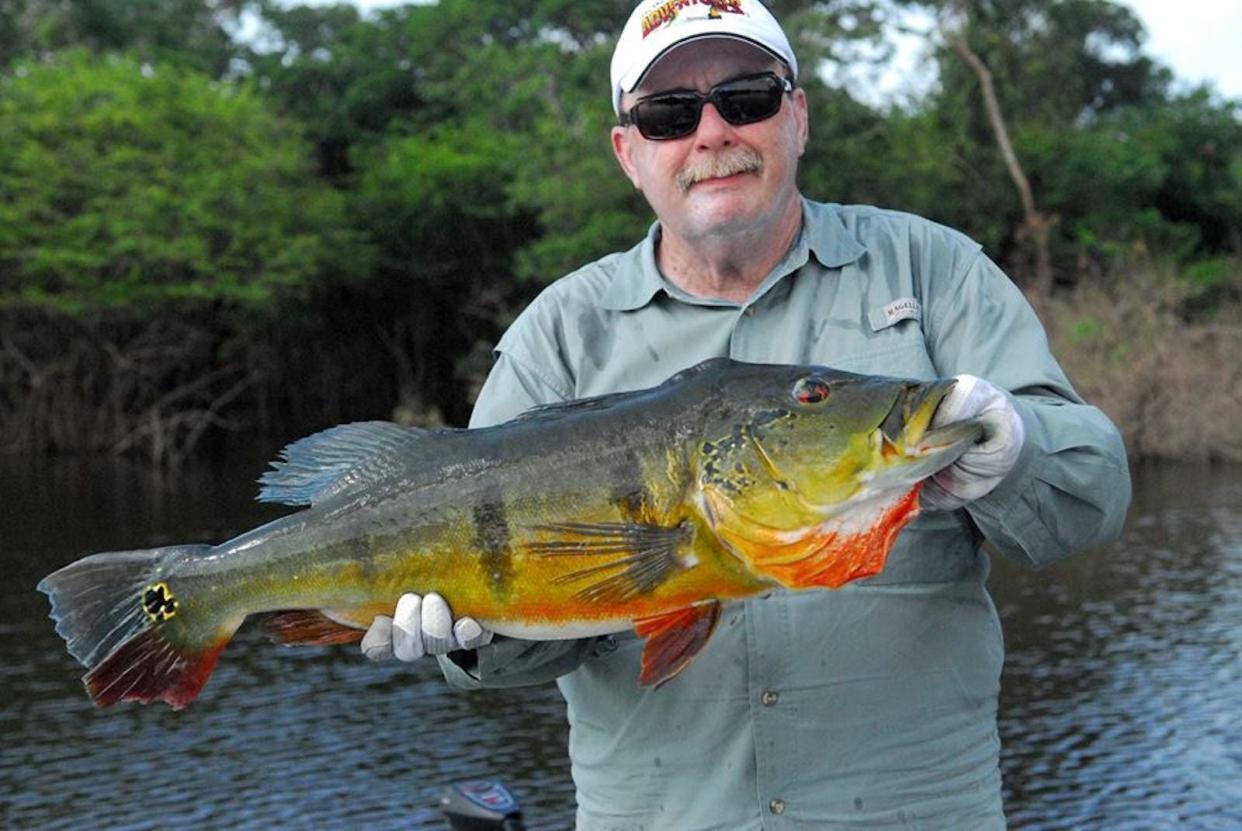 American-Statesman outdoors writer Mike Leggett in happier times: holding an 18-pound peacock bass he caught during a 2015 trip to Brazil. After three years of avoiding COVID-19, Leggett tested positive and can only dream about deer hunting while in quarantine. "Maybe by turkey season," he quipped.