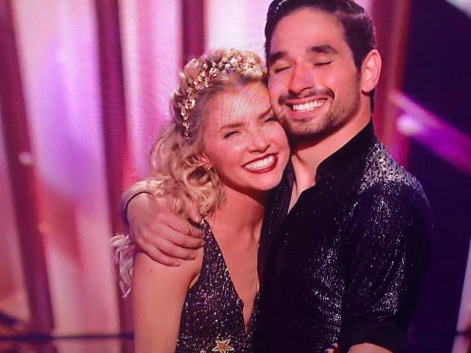 Amanda Kloots, a Canton native, and her dance partner Alan Bersten embrace following their perfect score on Nov. 22, 2021, after their freestyle routine on ABC's "Dancing with the Stars."