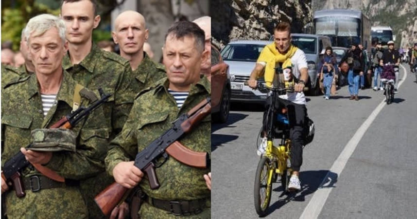 俄羅斯各邊境均出現騎腳踏車逃難的「役男」身影，佔領區克里米亞更出現爺爺級的動員兵。（圖／翻攝自推特）