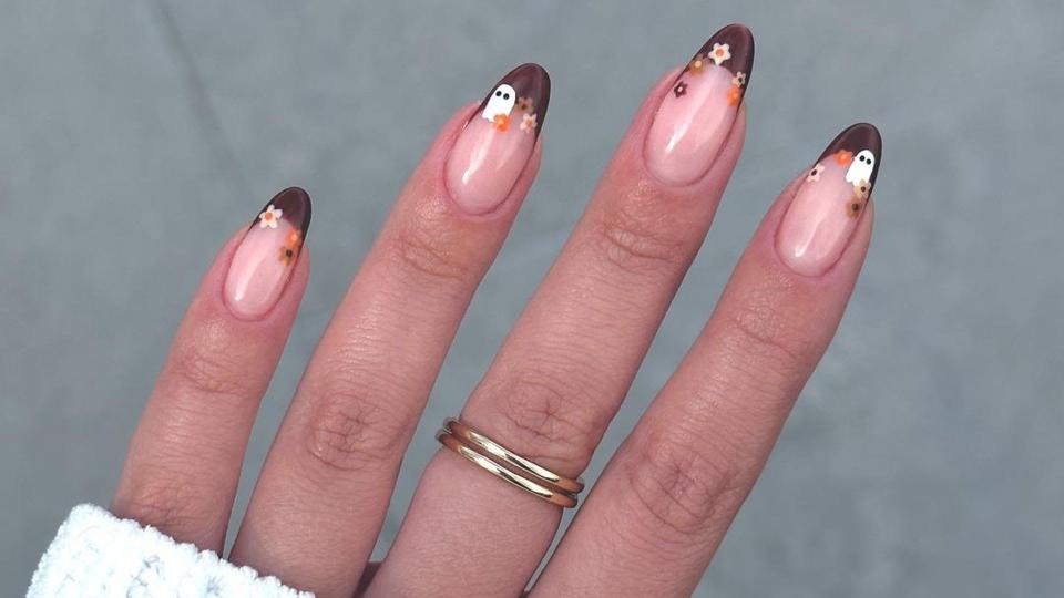 Nails with brown tips and ghost nail art 