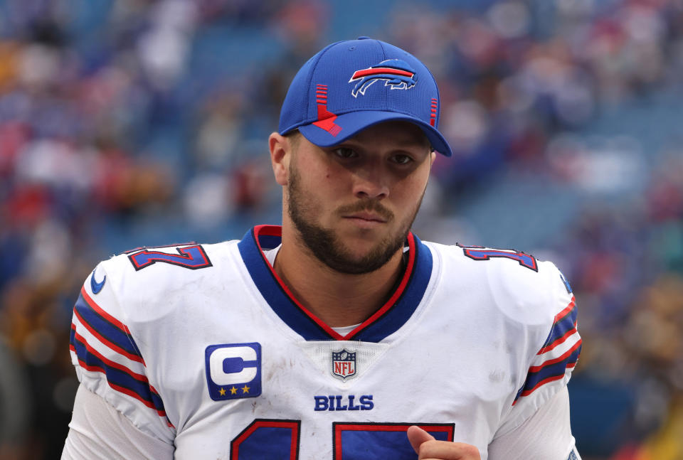 ORCHARD PARK, NY - SEPTEMBER 12: Josh Allen #17 of the Buffalo Bills walks off the field after a loss against the Pittsburgh Steelers at Highmark Stadium on September 12, 2021 in Orchard Park, New York. (Photo by Timothy T Ludwig/Getty Images)