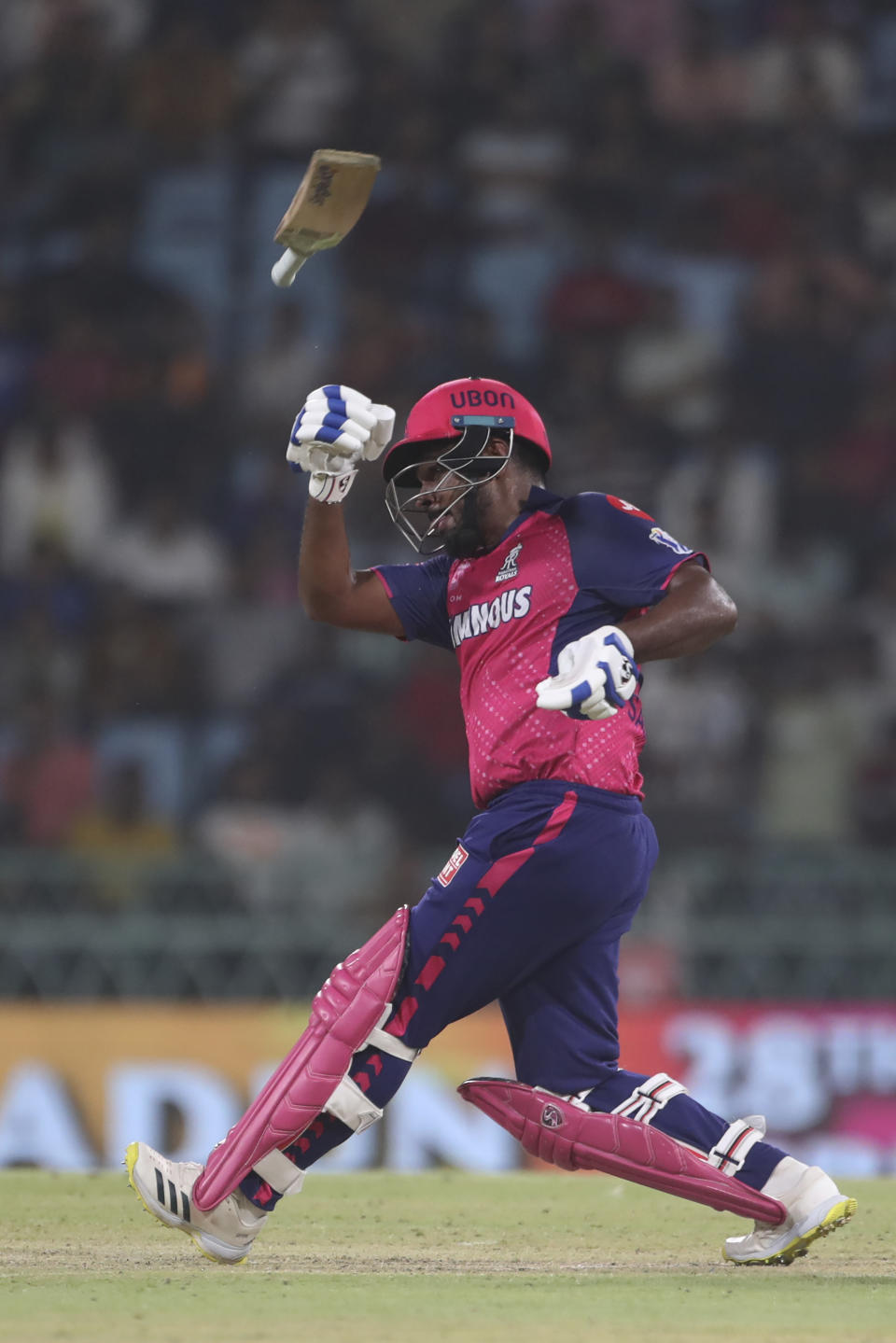 Rajasthan Royals' captain Sanju Samson's bat flies off from his hands as he plays a shot during the Indian Premier League cricket match between Rajasthan Royals and Lucknow Super Giants in Lucknow, India, Saturday, April 27, 2024. (AP Photo/Pankaj Nangia)