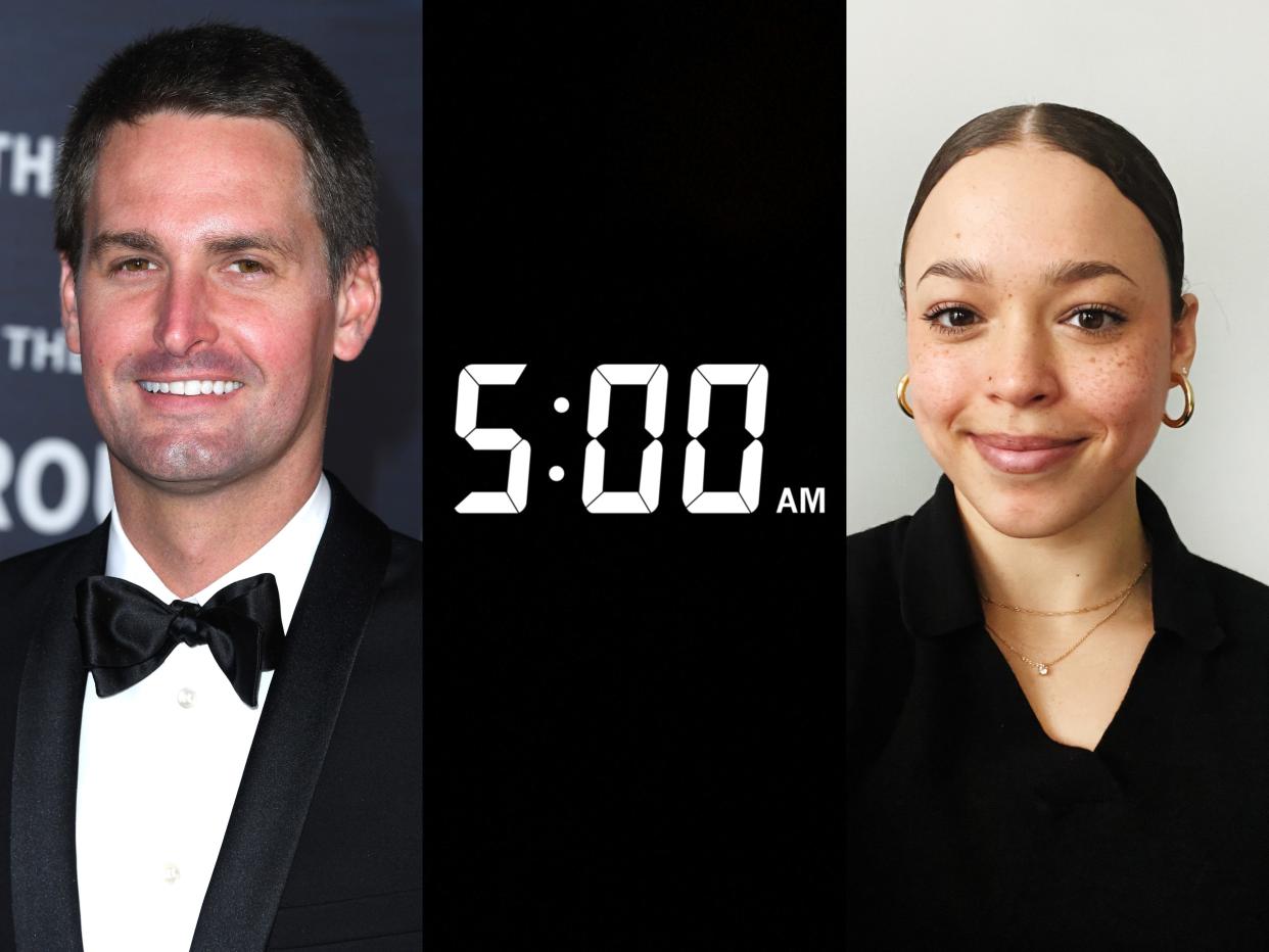 Composite image: (L) Evan Spiegel at the 9th Annual Breakthrough Prize Ceremony in 2023; (M) Screenshot of the time 5 a.m.; (R) BI reporter Mykenna Maniece