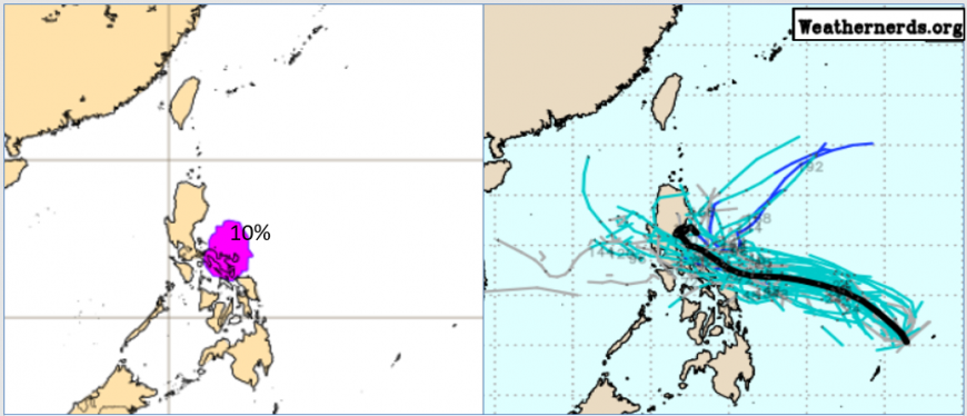 菲律賓東方海面有熱帶擾動。（圖／翻攝ECMWF、Weathernerd.org）