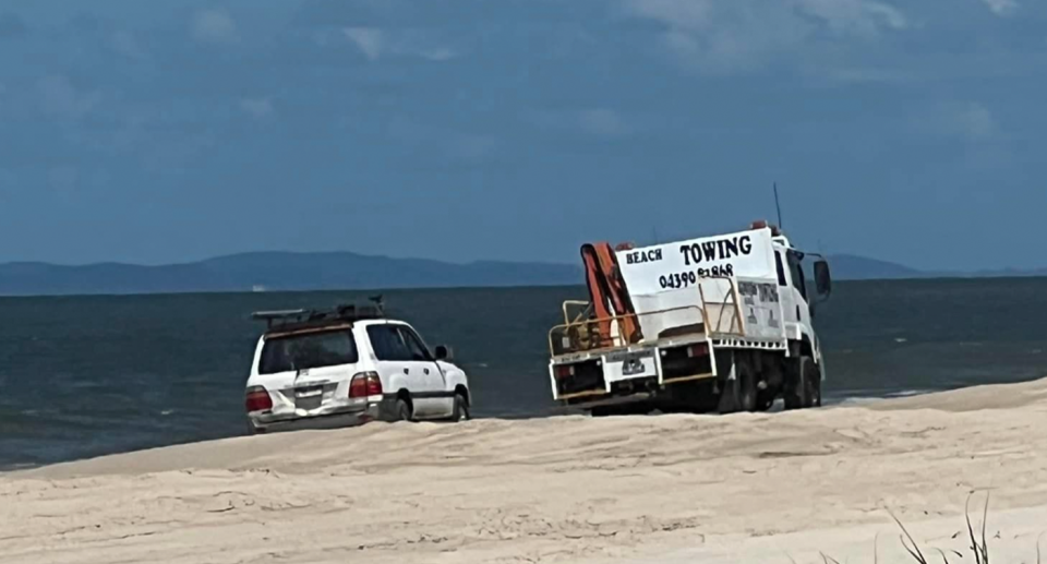 A Toyota Land Cruiser that was rescued from metre-deep water on Bribie Island on Thursday. 