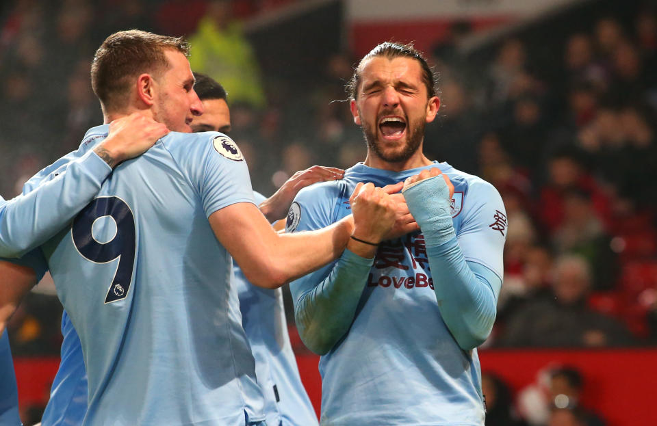 Burnley's Jay Rodriguez celebrates after scoring against Manchester United. (Photo by Alex Livesey/Getty Images)