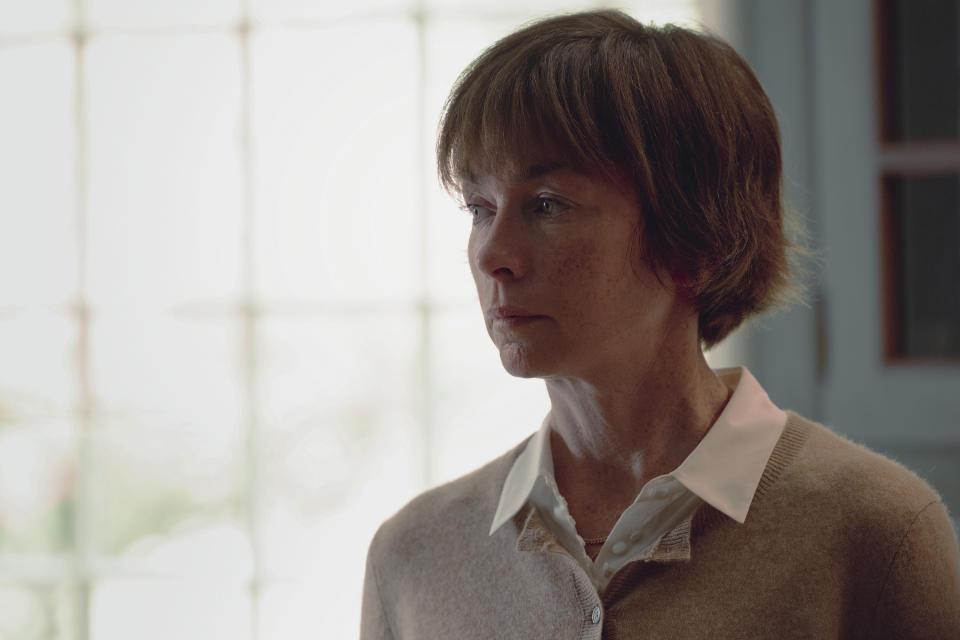 This image released by A24 shows Julianne Nicholson in a scene from "Dream Scenario" (A24 via AP)