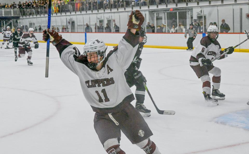 Casey Roth of Falmouth celebrates after putting the puck into the Marshfield goal for her team's first goal in a 2-0 win in the girls Division 2 Final Four match.