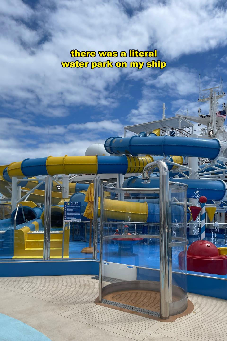 Water park on cruise ship deck with slides and play areas, captioned about its presence on the ship