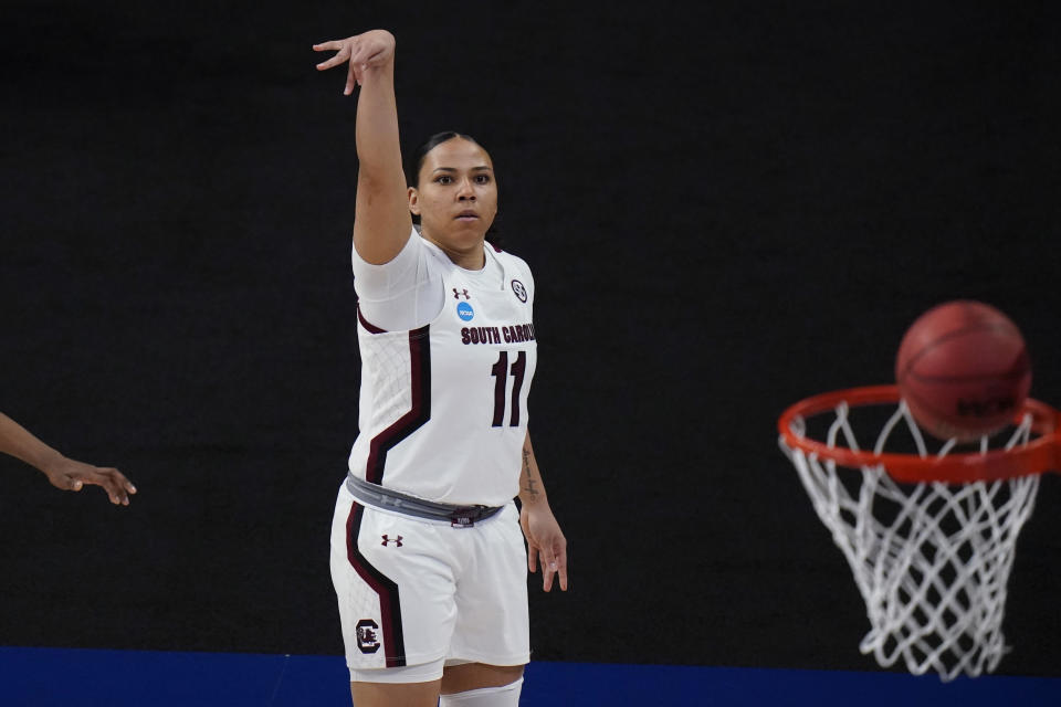 South Carolina guard Destiny Littleton (11) scores against Georgia Tech during the first half of a college basketball game in the Sweet Sixteen round of the women's NCAA tournament at the Alamodome in San Antonio, Sunday, March 28, 2021. (AP Photo/Eric Gay)