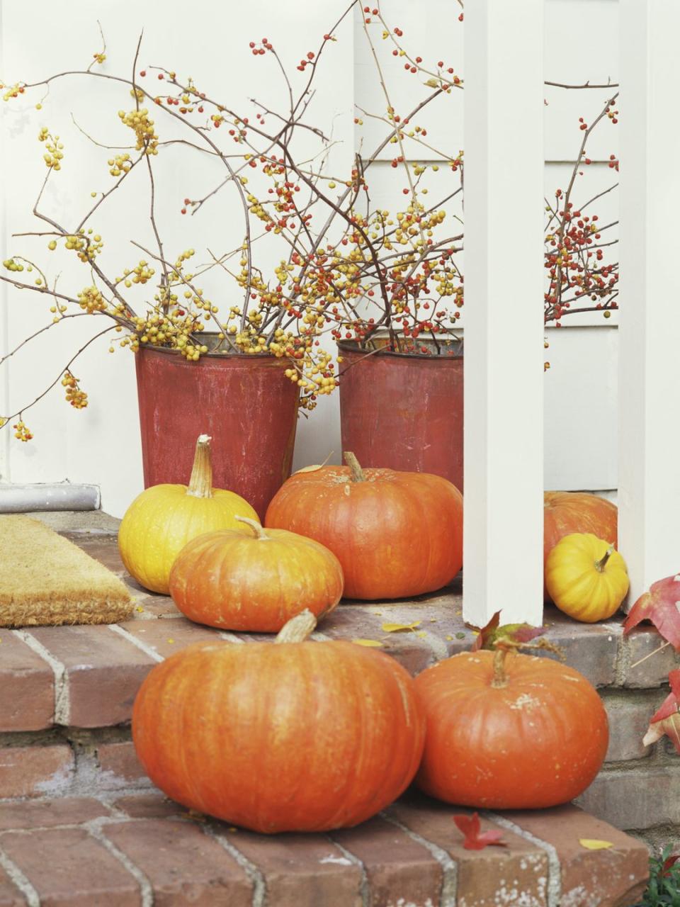 <p>Too busy to decorate for Halloween? Just set a few un-carved pumpkins on your doorstep and arrange berry branches cut from your yard inside vintage tin buckets. Done! </p>