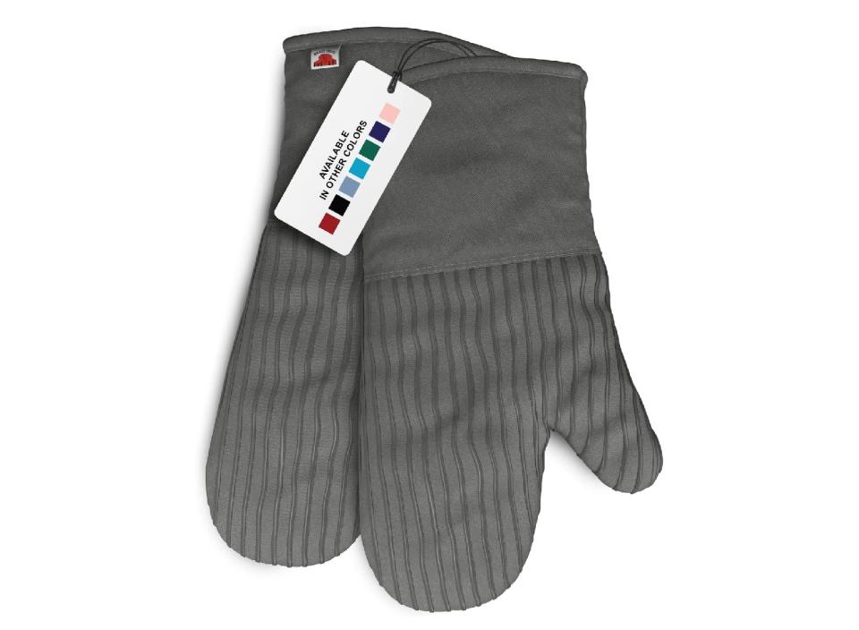 A pair of gray oven mitts.