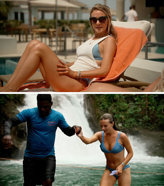 A split of Taylor Ann Green lounging and stepping out of water in Jamaica.