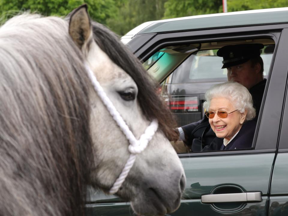 Queen Elizabeth looks at horse from car.