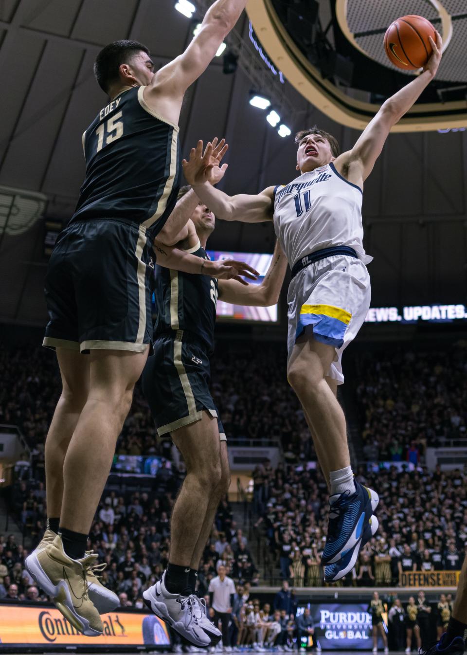 Marquette's Tyler Kolek drives for a layup in the first half against Purdue on Tuesday.