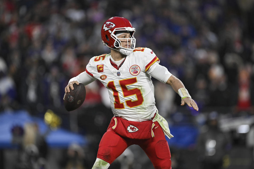 FILE - Kansas City Chiefs quarterback Patrick Mahomes, 15, throws a pass during the second half of the AFC Championship Game against the Baltimore Ravens, in Baltimore, Sunday, Jan. 28, 2024. The NFL announced Monday, May 13. That will see the Super Bowl champion Kansas City Chiefs open the season at home against the Baltimore Ravens on Thursday, September 5.  (AP Photo/Terrence Williams, File)