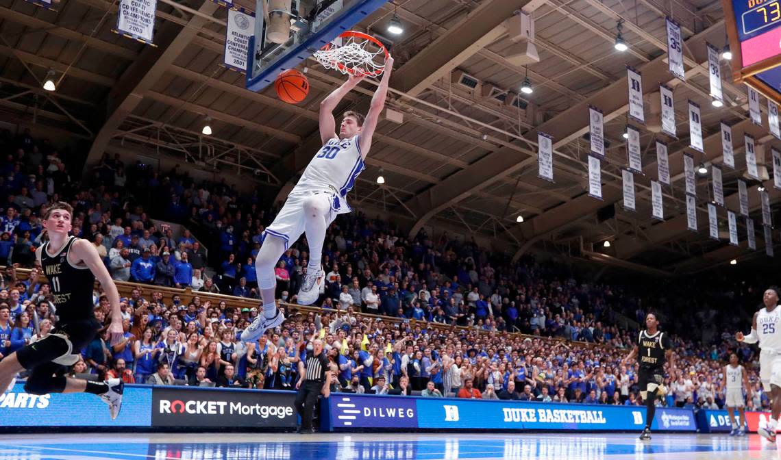 Duke’s Kyle Filipowski (30) slams in two late in the second half during Duke’s 75-73 victory over Wake Forest at Cameron Indoor Stadium in Durham, N.C., Tuesday, Jan. 31, 2023.