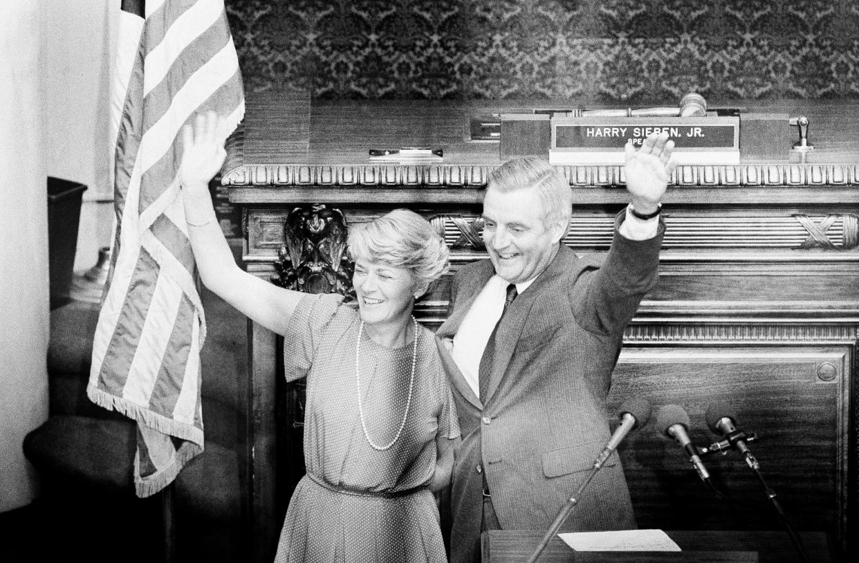 Rep. Geraldine Ferraro waves to the gallery of the Minnesota House of Representatives, Thursday, July 12, 1984 in St. Paul, Minn., after Walter Mondale announced her selection as his Vice-Presidential running mate.